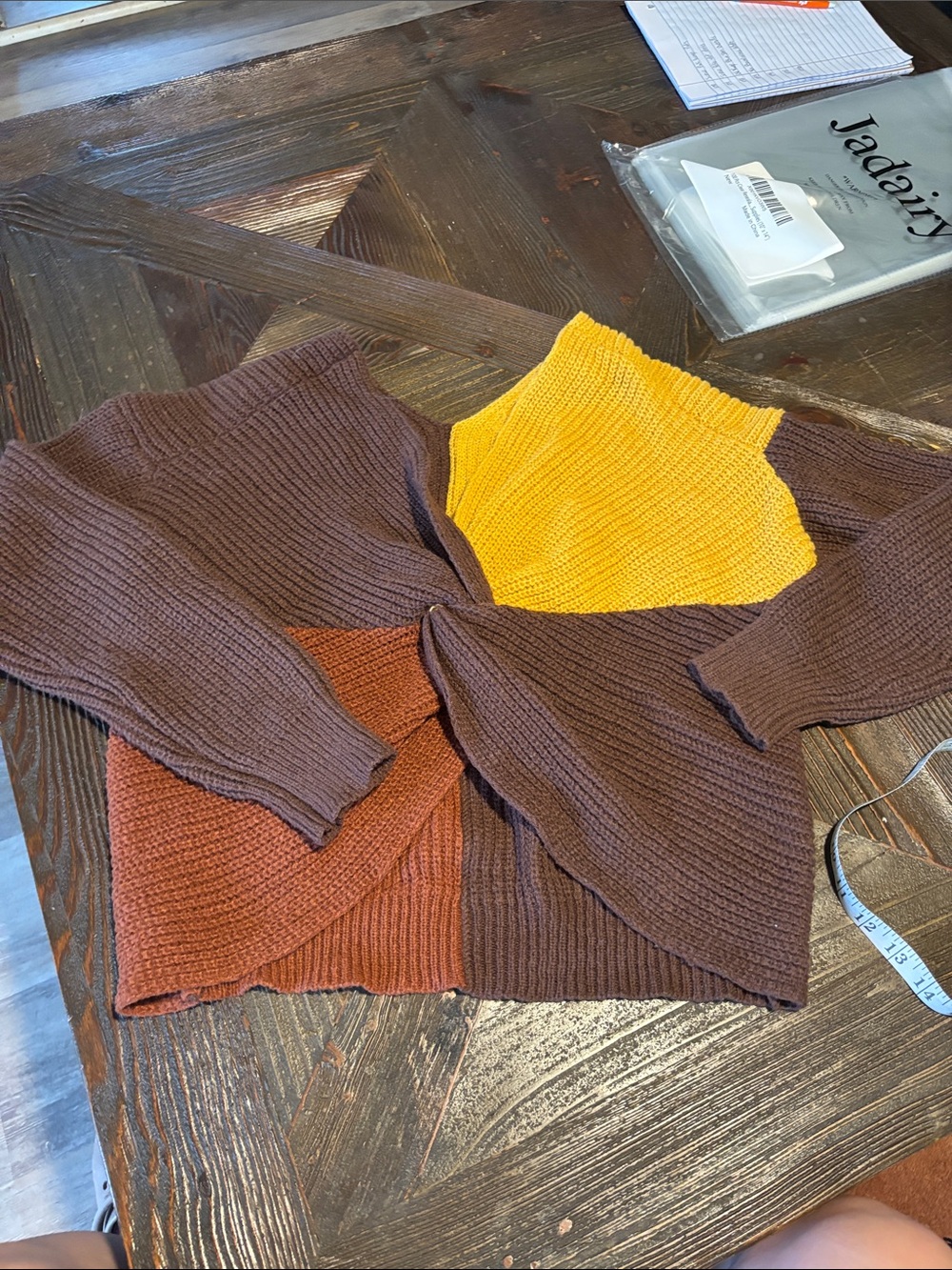 Colorblock V-Neck Sweater in Brown, Mustard & Rust